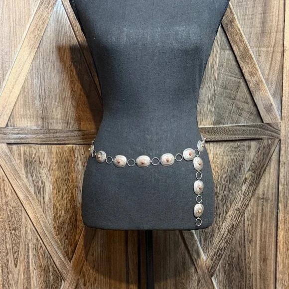 Vintage Sterling Silver Coral Stone Concho Belt . - Picture 11 of 13